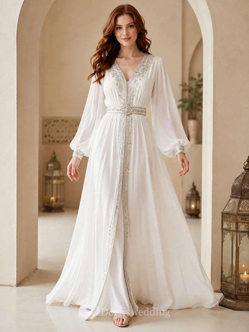 Modest Oriental Chiffon A Line V Neck Long Poet Sleeve Wedding Dress