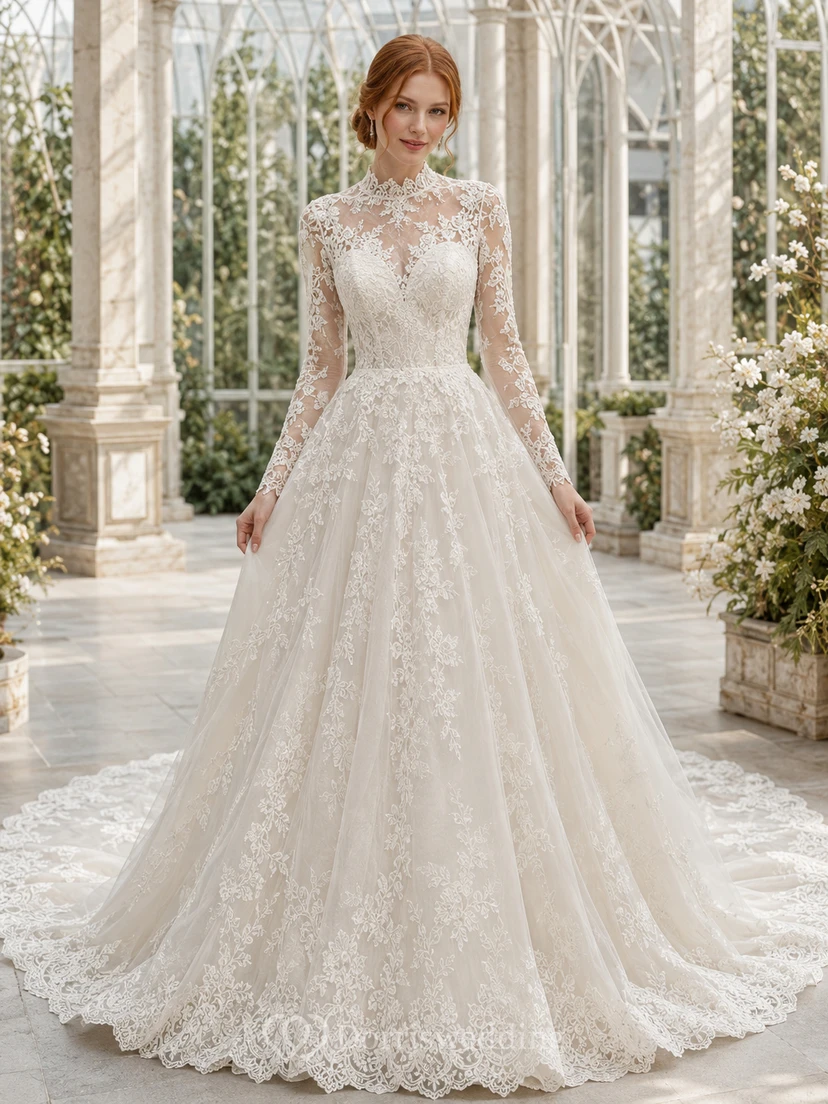 Vestido de novia modesto de encaje, estilo princesa, cuello alto, manga larga, cola de capilla.