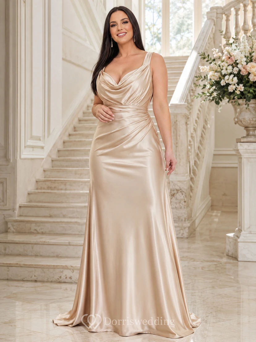 Satinkleid mit Wasserfallausschnitt, champagnerfarbenem Schnitt, bodenlang, ärmellos, sexy und elegant – ein perfektes Abendkleid für Prominente.