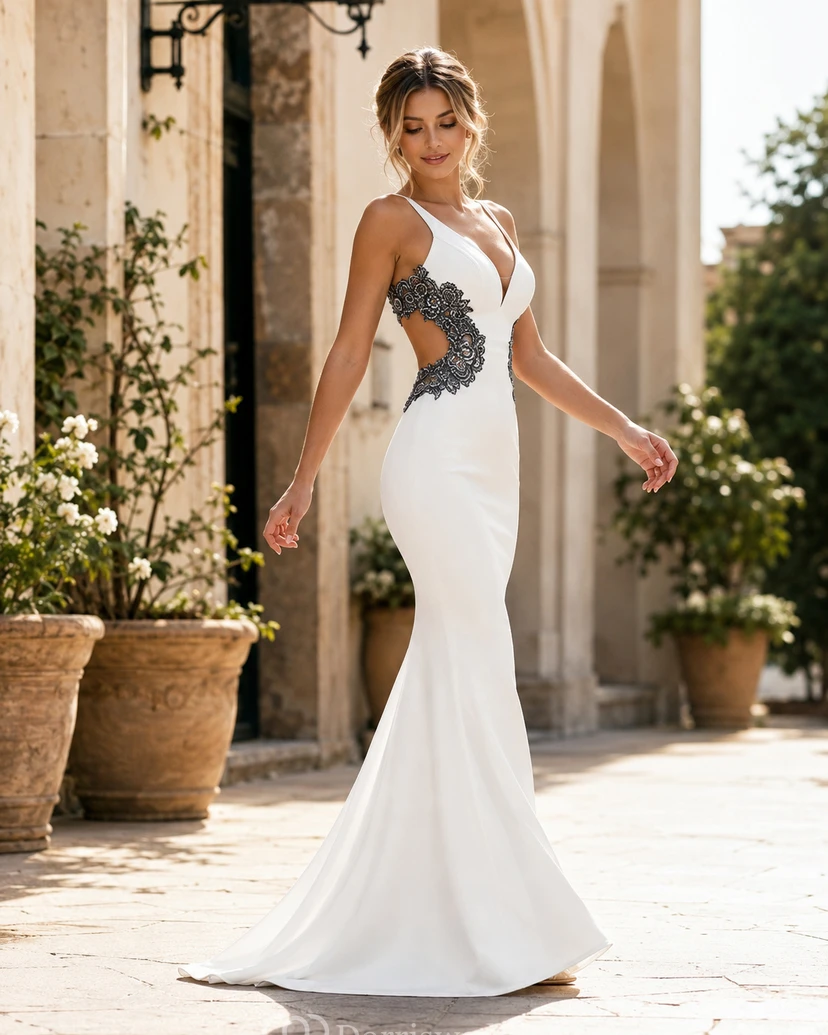Robe fourreau en satin blanc et noir ornée de perles view 5