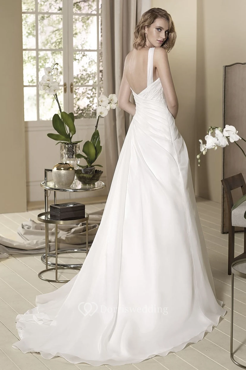 A-Line Floor-Length Sleeveless Strapped Beaded Wedding Dress With Side Draping view 2
