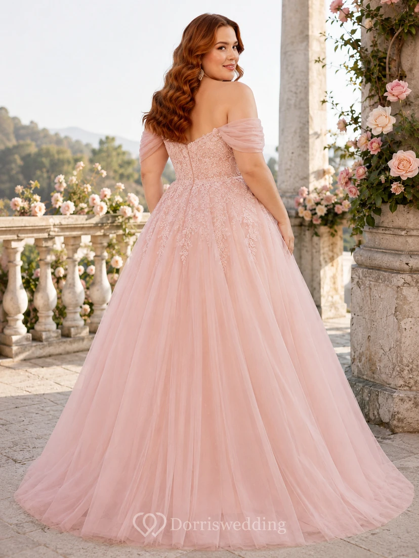 Petal Crown Blush Ballkleid, bodenlang, schulterfrei, kurze Ärmel, luxuriöses Tüll-Abendkleid view 2