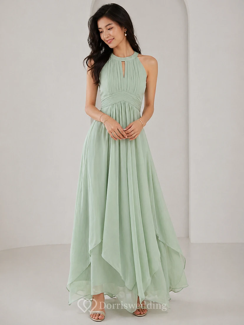Elegant Burgundy Chiffon Halter Neck Evening Gown with Flowing High-Low Hem view 6