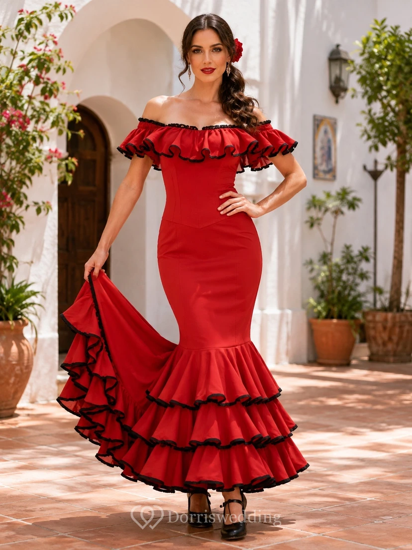 Robe de soirée rouge moulante à épaules dénudées et volants, style flamenco asymétrique.