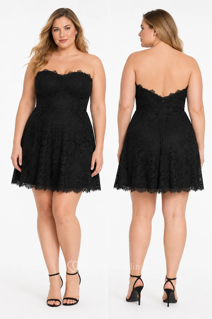 Short Strapless A-line Lace Dress With Low-V Back Style view 16