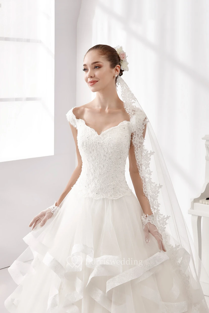Cap-Sleeve A-Line Wedding Dress With Cascading Ruffles And Lace Corset view 3