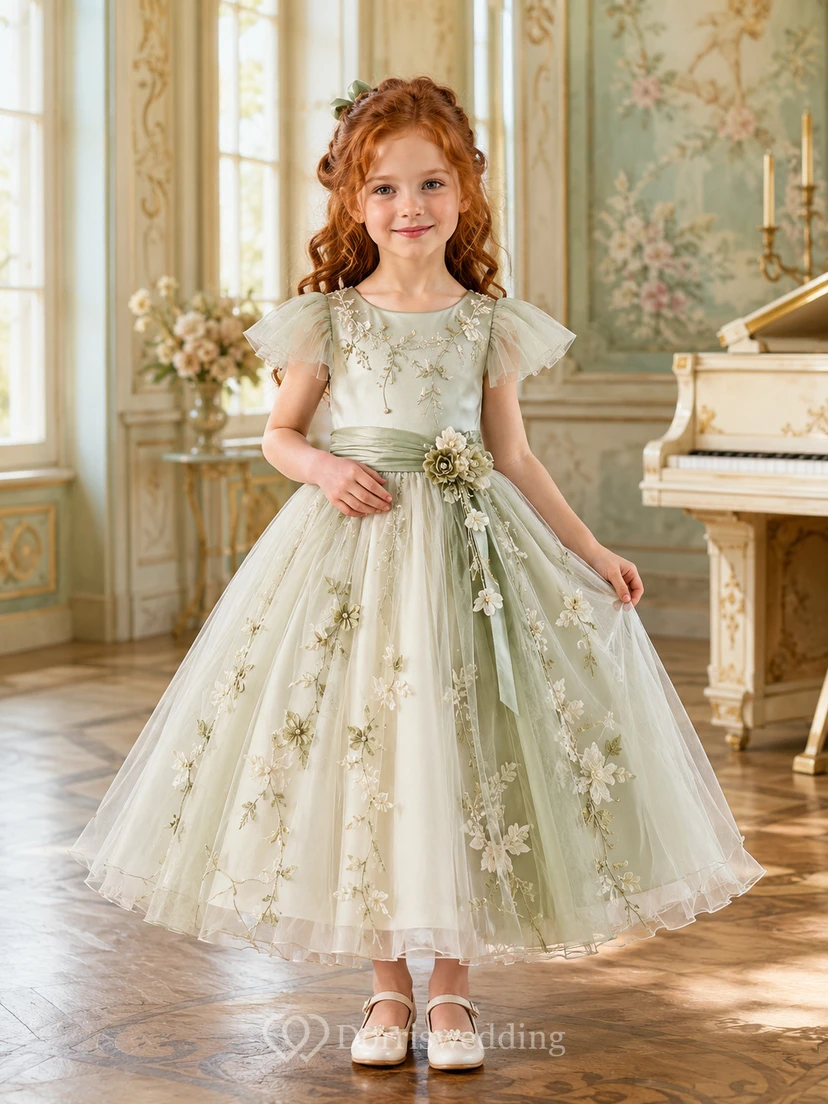 Sage Pleated Cap Sleeve Ankle-Length A-Line Flower Girl Dress with Botanical Embroidery, Floral Waist Cluster and Satin Back Bow