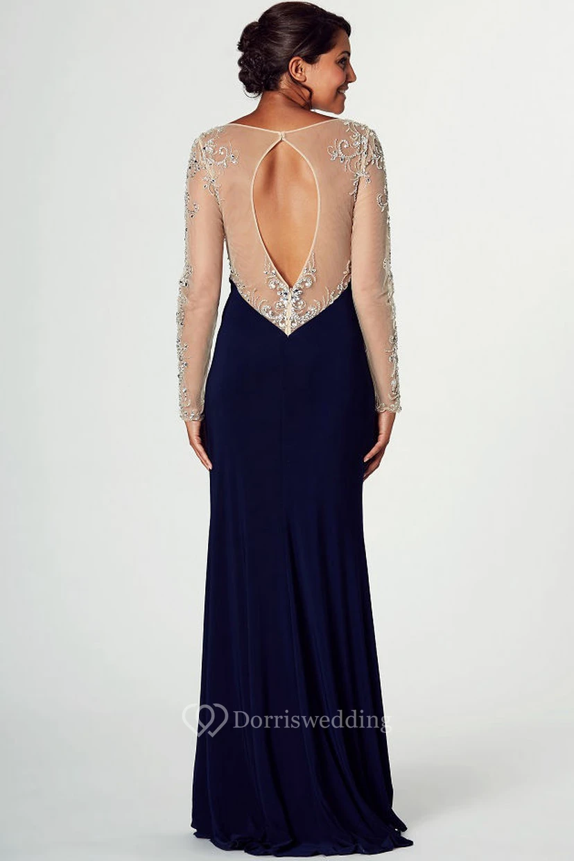 Floor-Length Bateau-Neck Beaded Long-Sleeve Jersey Prom Dress With Split Front view 2
