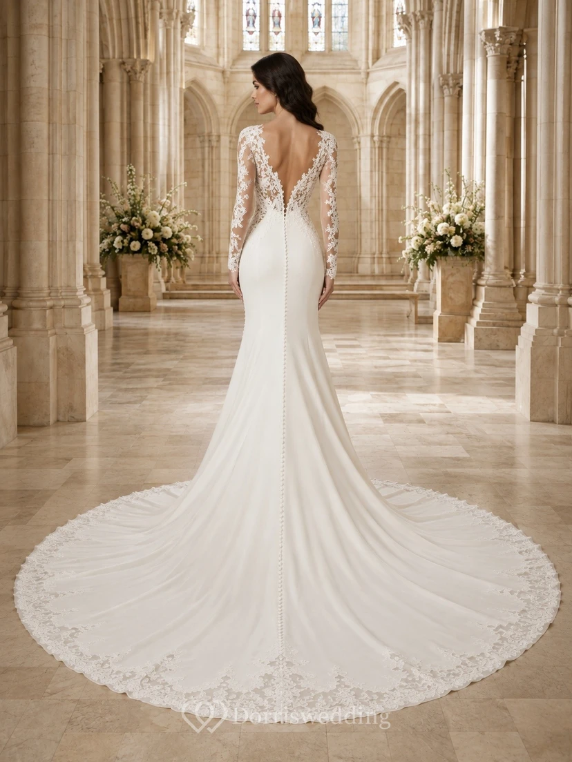 Vestido de novia formal de sirena con escote en V y manga larga, estilo modesto. view 2