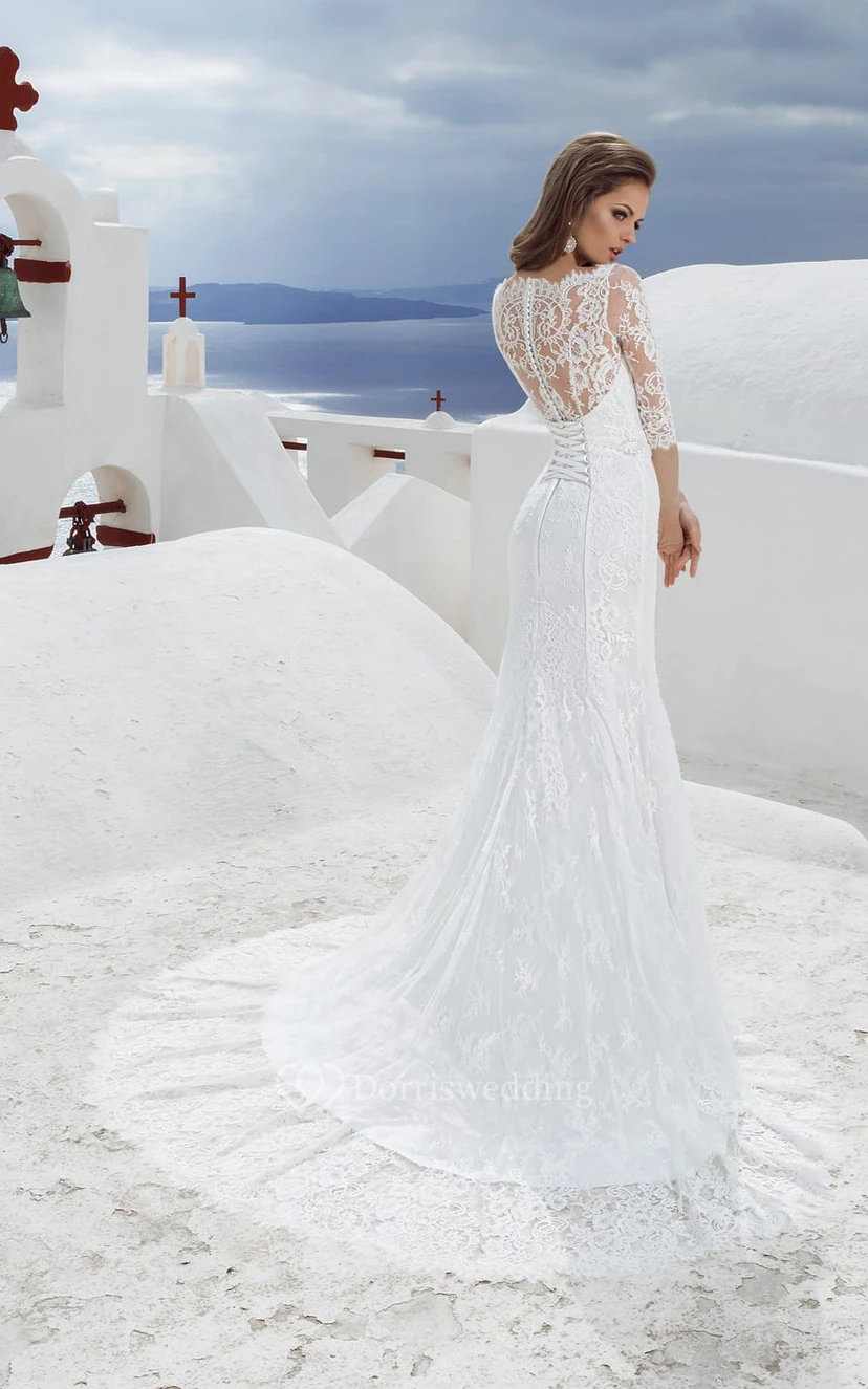 Bateau Neck 3-4 Length Sleeve Sheath Lace Elegant Wedding Dress With Beading view 2