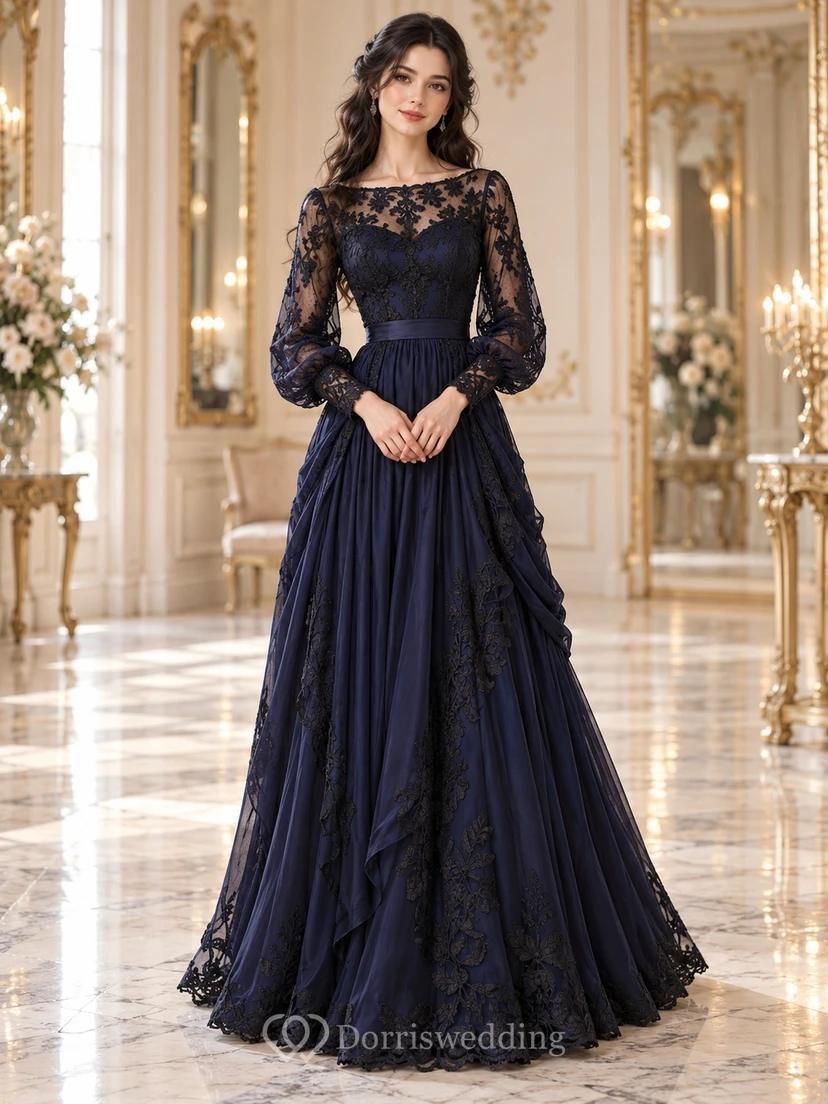 Gothic Victorian Dark Navy Bateau Lace Sleeve Long Guest Dress