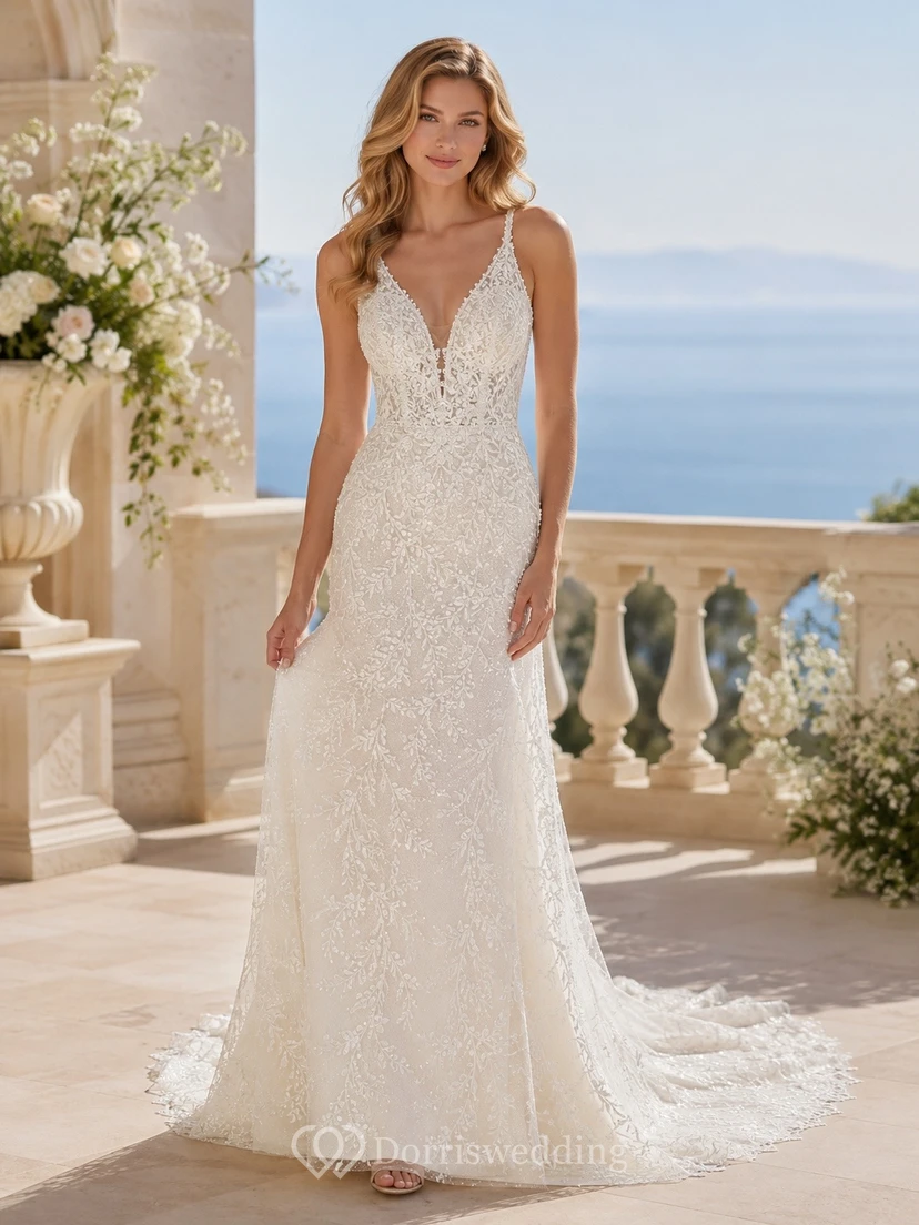 Vestido de novia formal elegante con encaje y corte en A