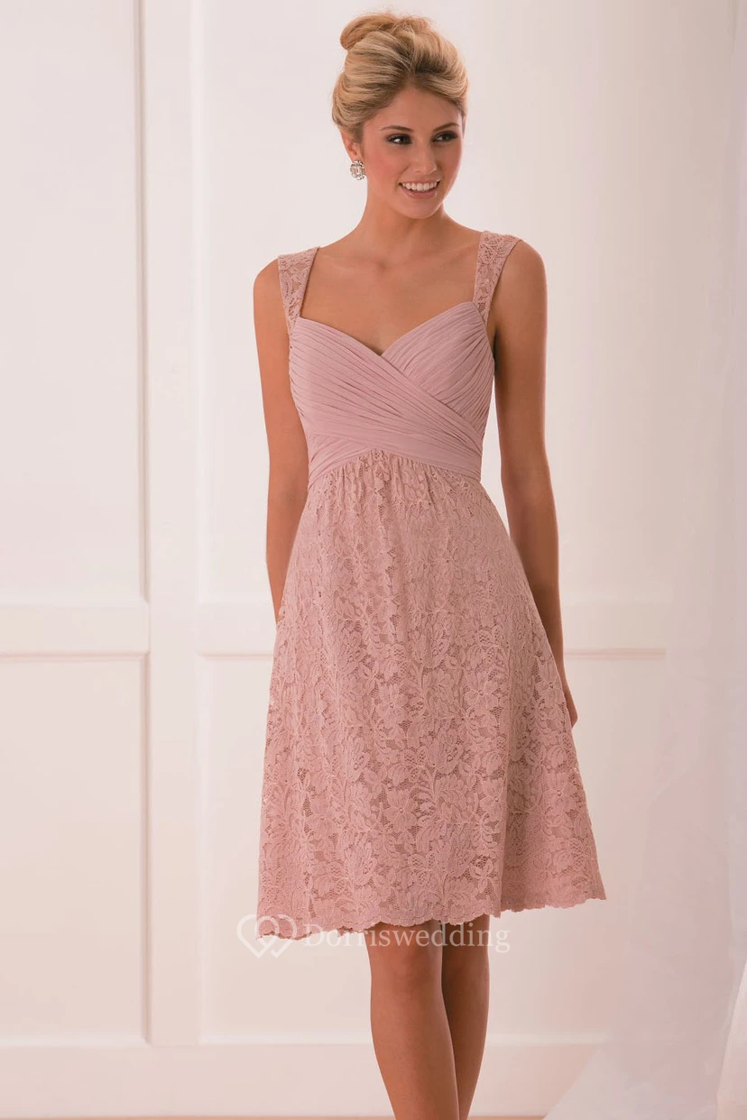 Cap-Sleeved A-Line Short Lace Blush Bridesmaid Dress With Crisscross Ruches