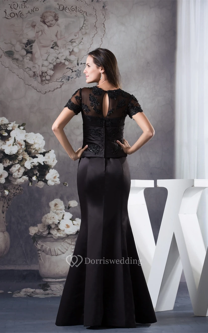 V-Neck Mermaid Satin Mini-Sleeve Illusion and Dress With Appliques view 7