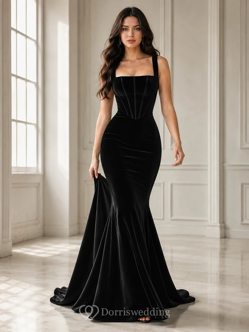 Black Square Neck Spaghetti Strap Corset Mermaid Gown
