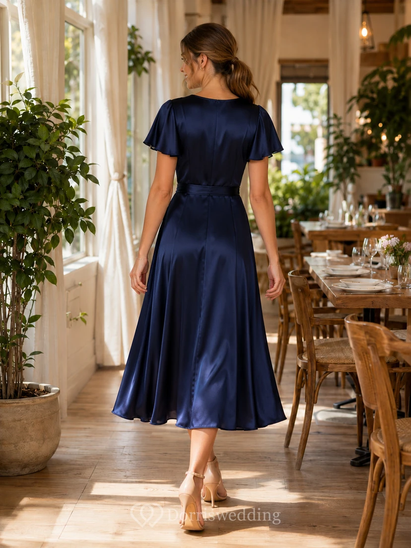 Navy Short Sleeve Wrap Satin Midi Dinner Dress view 2