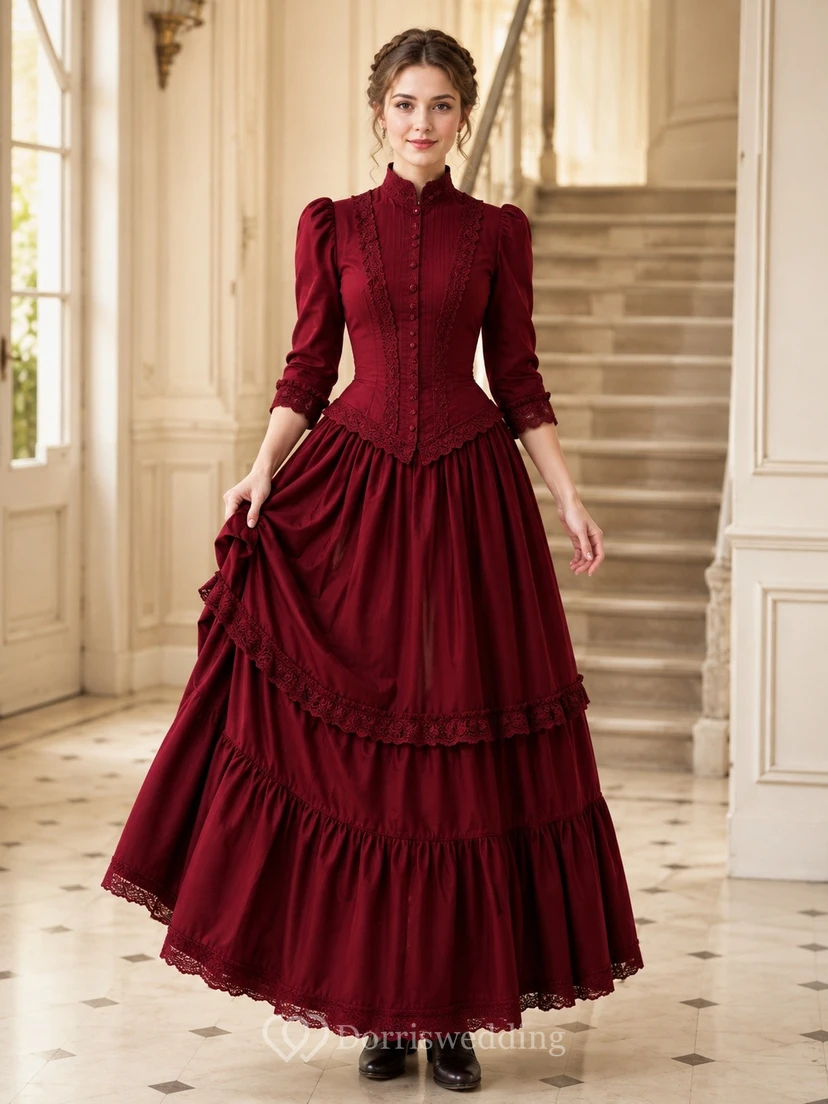 Vestido de noche largo hasta el suelo, de corte A, con cuello alto y mangas largas, de terciopelo burdeos y encaje fino