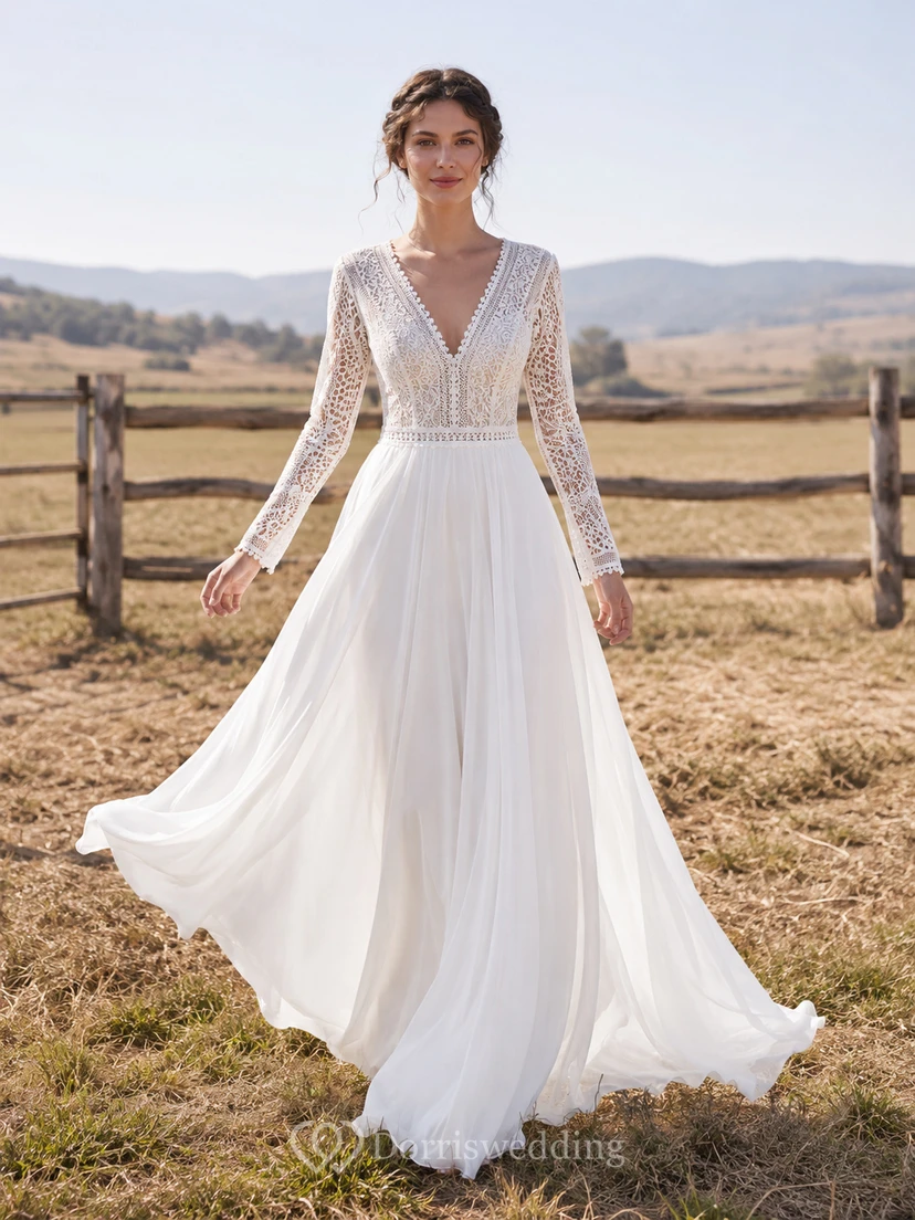 Landhaus-Hochzeitskleid mit langen Ärmeln, Spitzenoberteil und Chiffon-A-Linie