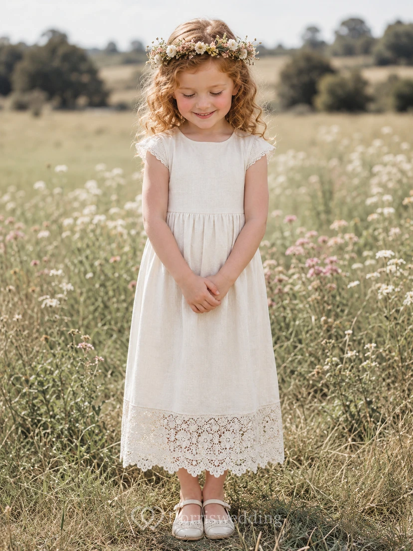 Flower Girl Dress Ivory Cotton Lace A-Line Scoop Neck Tea Length