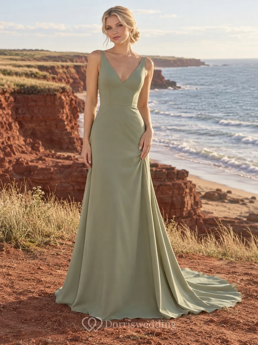 Schlichtes, salbeigrünes Brautkleid aus Crêpe mit V-Ausschnitt, ärmellosem Oberteil und A-Linien-Schleppe