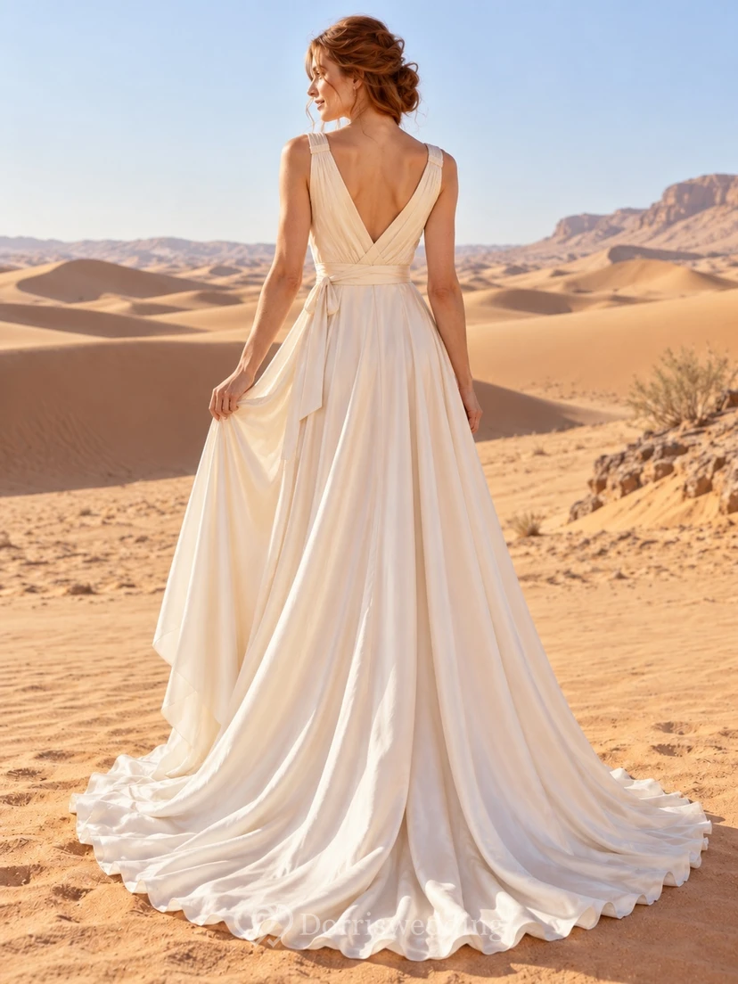 Schlichtes Brautkleid aus Satin mit V-Ausschnitt, A-Linie, Raffungen und Schärpe view 2
