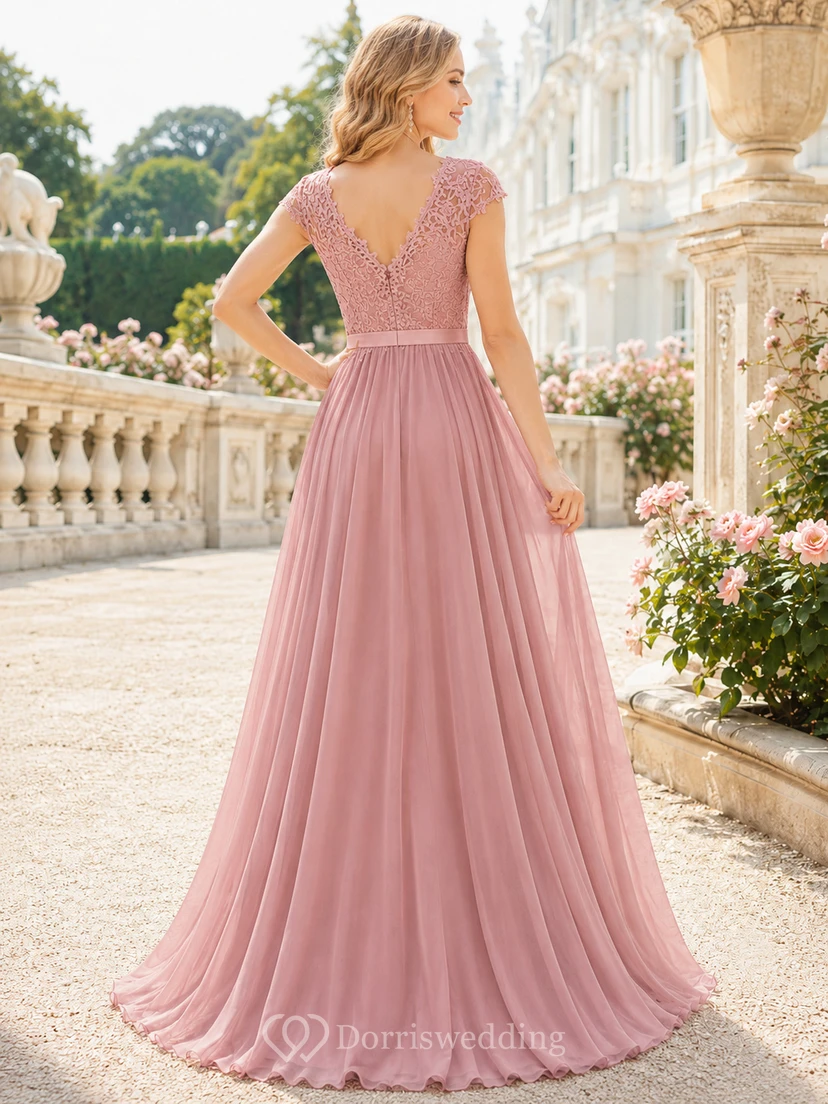 Romantisches, bodenlanges Chiffonkleid in Altrosa mit V-Ausschnitt und Spitze in A-Linie view 2