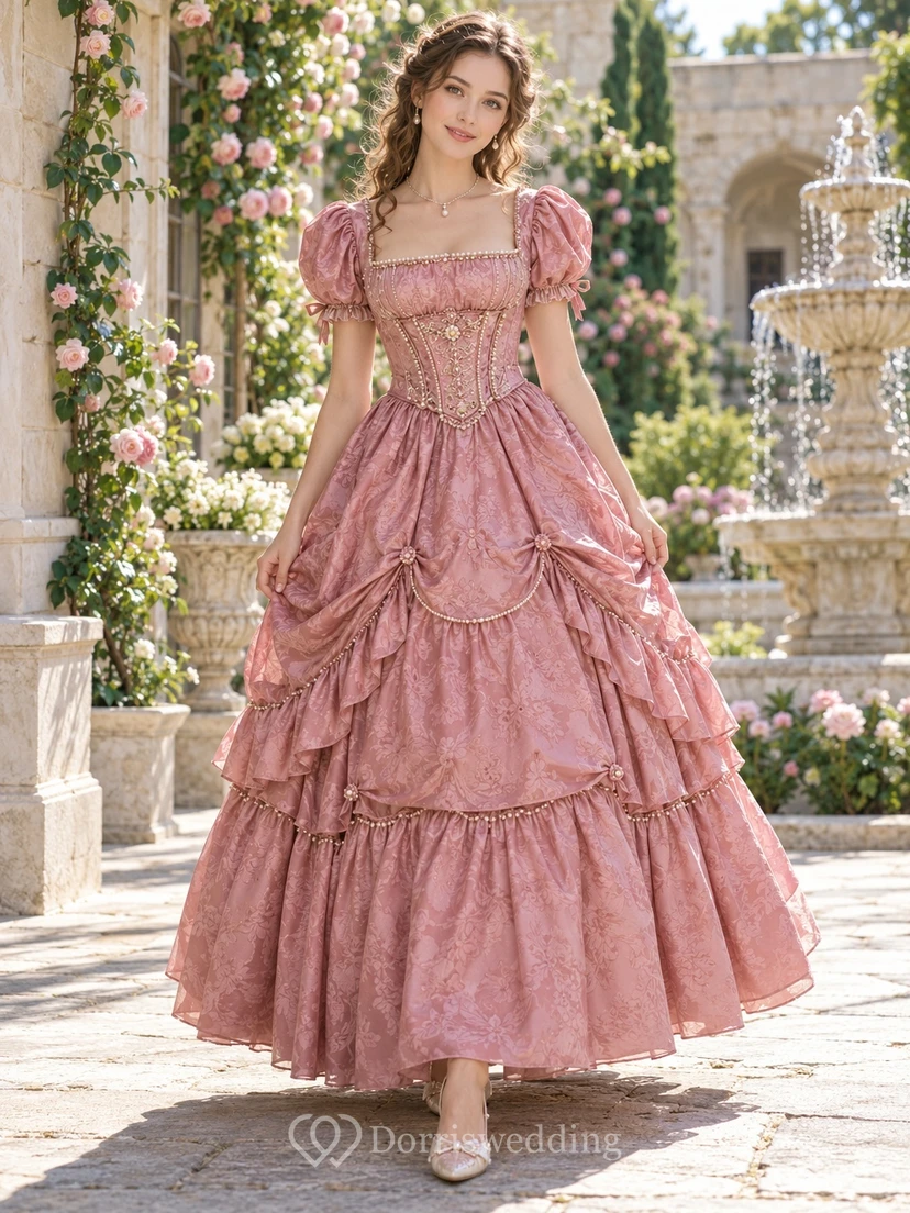 Robe de costume Renaissance vintage mauve à col carré et manches bouffantes à volants