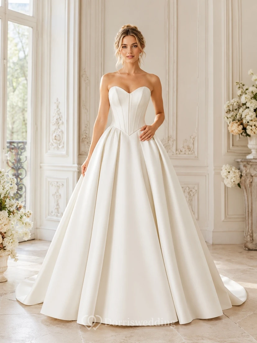 Vestido de novia sencillo, largo hasta el suelo, sin mangas, formal, con escote corazón y corte en A.