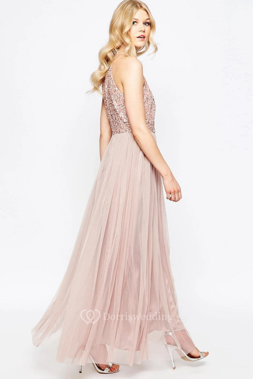Sheath High Neck Sleeveless Floor-Length Tulle Bridesmaid Dress With Sequins view 2