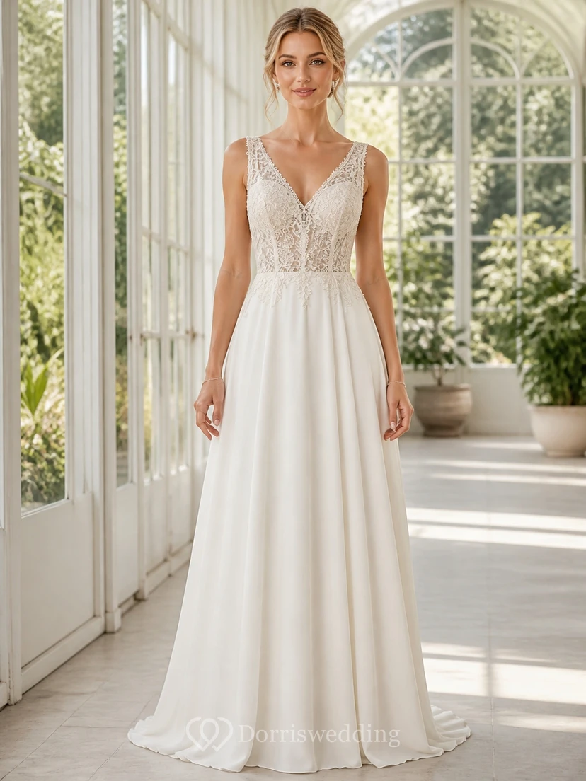 Vestido de novia sencillo de playa, corte A, escote en V profundo, encaje y gasa