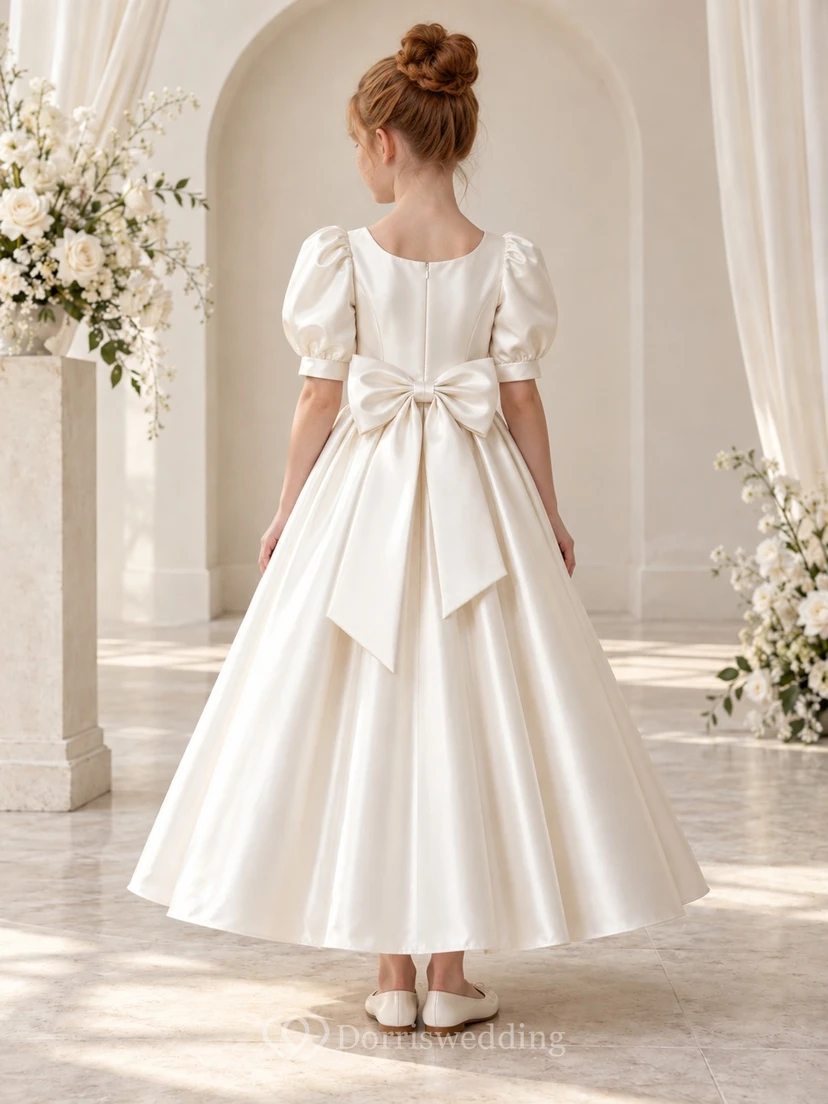 Vintage Simple Ivory A-line Satin Ankle-length Puff-sleeve Bow-back Flower Girl Dress view 2