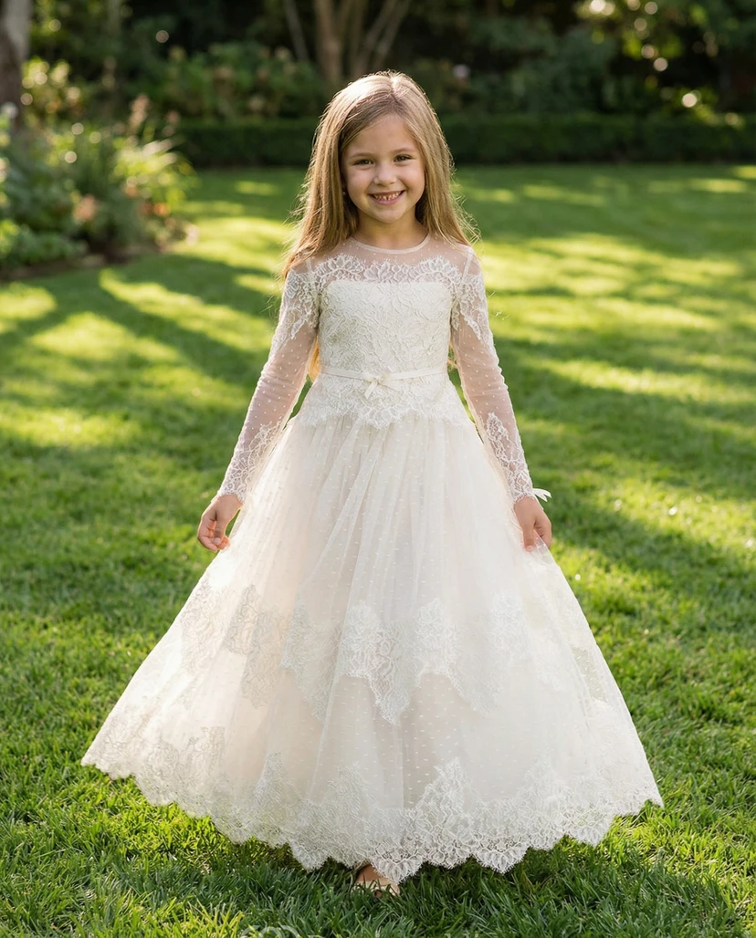 Vintage Lace Long Sleeve Flower Girl Dress - Floor Length Tulle Ball Gown with Bow