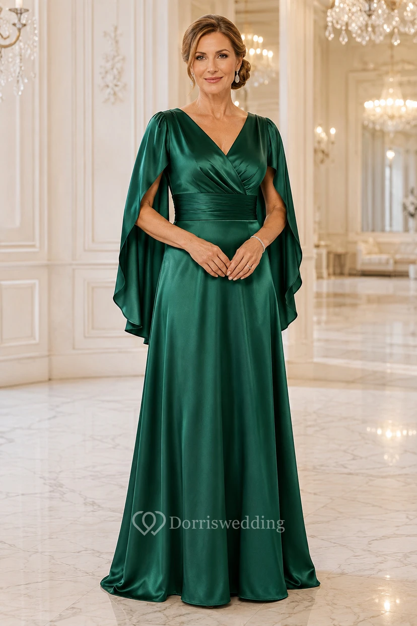 MOB-Kleid, dunkelgrün, Satin, A-Linie, Cape-Ärmel, V-Ausschnitt, bodenlang, Cape-Ärmel-Detail