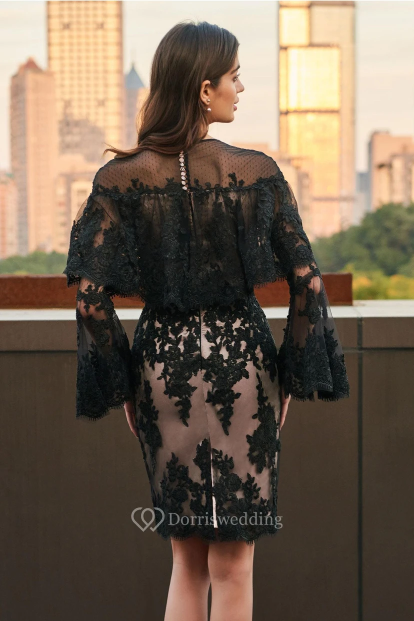 Elegant Lace and Tulle Sheath Jewel Neck Long Sleeve Short Dress view 2