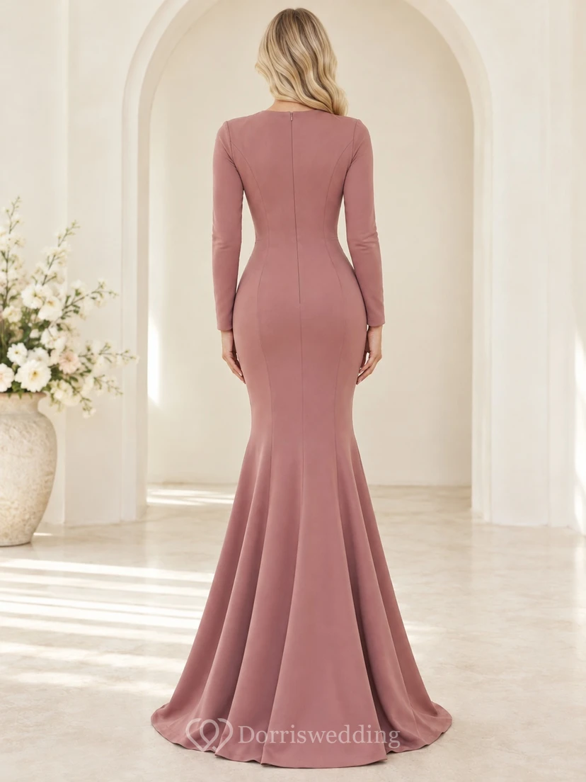 Robe sirène rose poudré simple et modeste à manches longues et col rond, style modeste. view 2