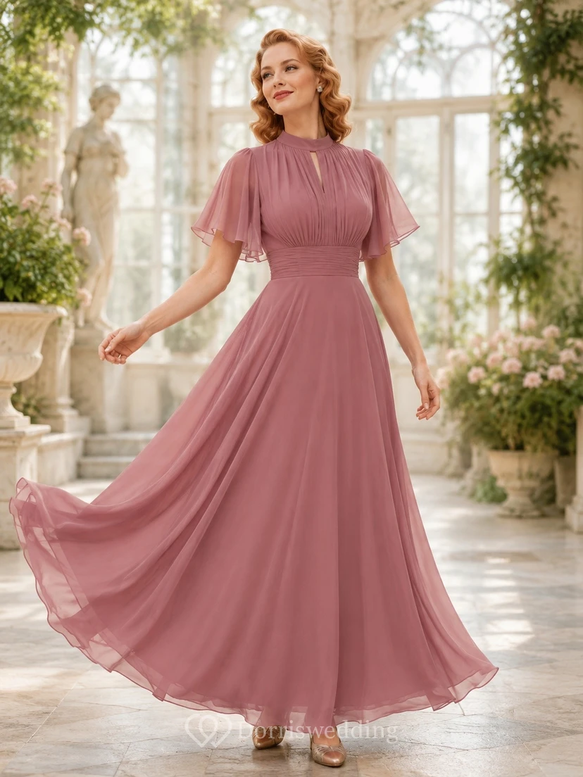 Mauve Vintage Chiffon High-Neck Short-Sleeve A-Line Formal Dress