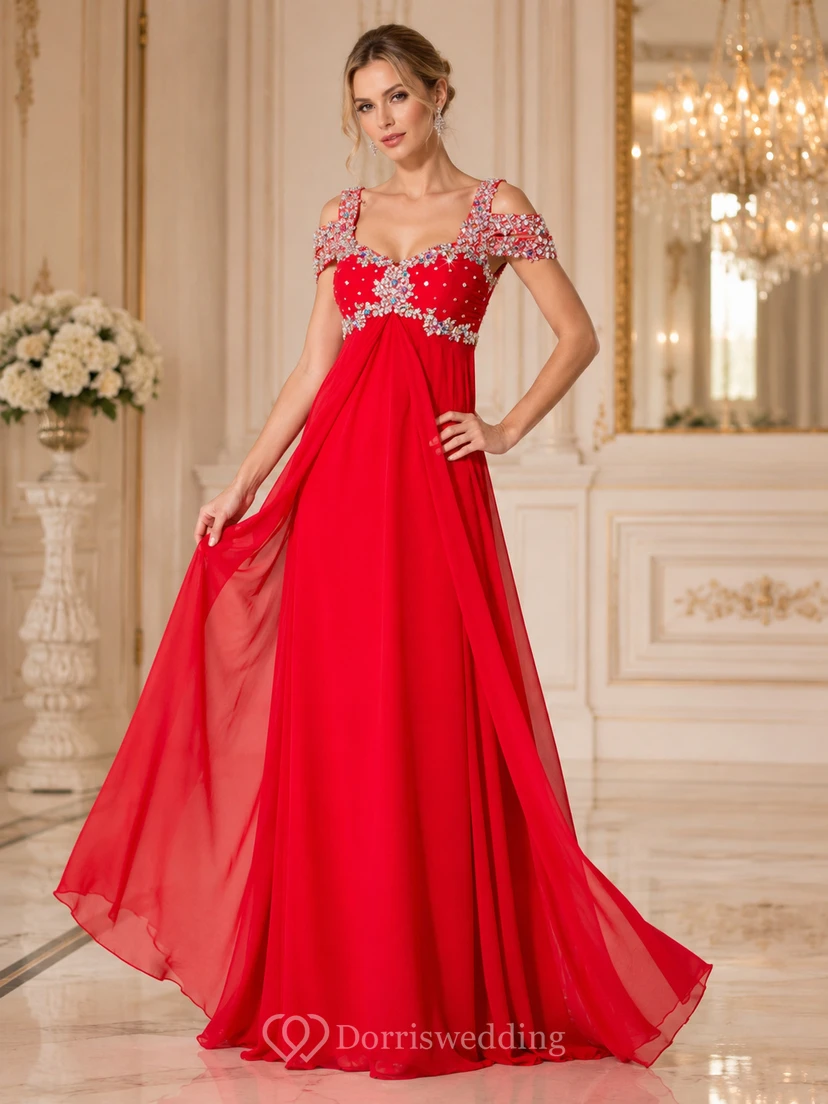 Chiffon-Maxikleid mit Perlenbesatz und Empire-Taille video preview