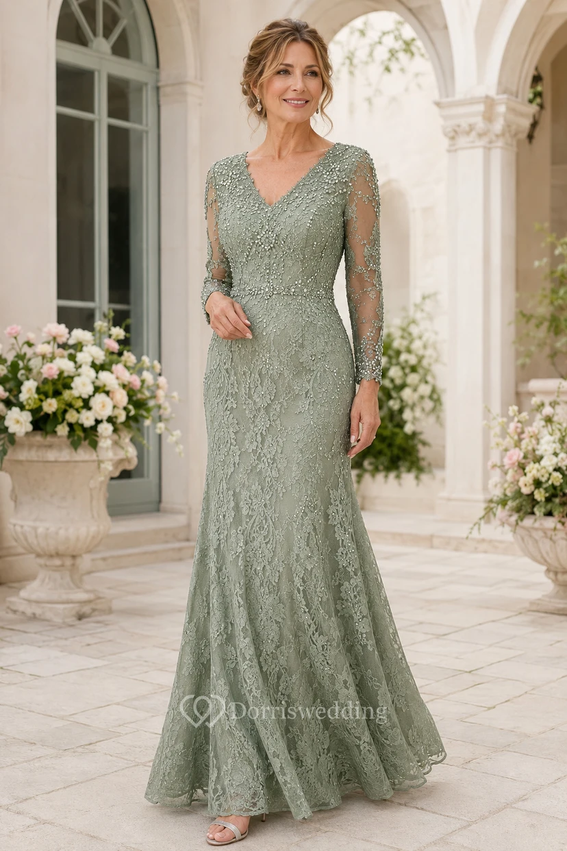 Robe sirène en dentelle couleur sauge à col en V et manches longues, idéale pour la mère de la mariée