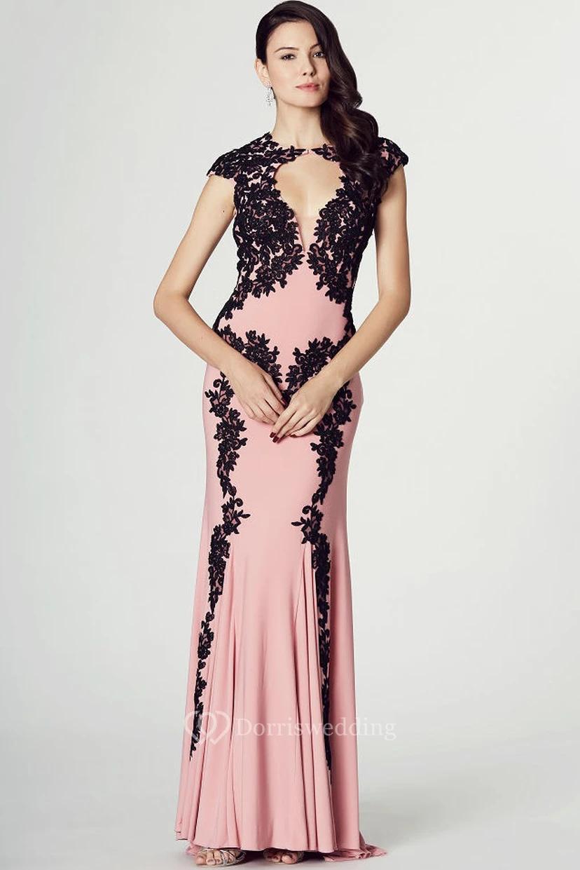 Sheath Appliqued Cap Sleeve High Neck Chiffon Prom Dress