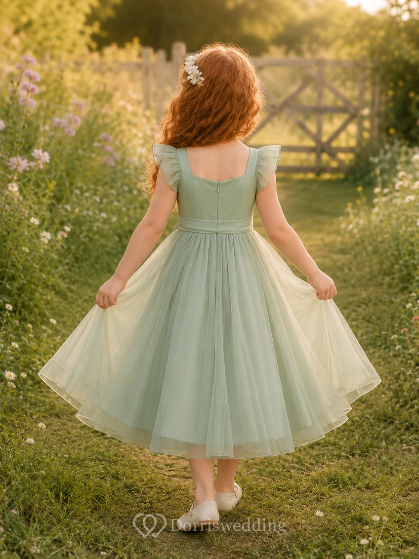 Flower Girl Dress Sage Tulle A-Line Jewel Neck Tea Length Bow Back view 2