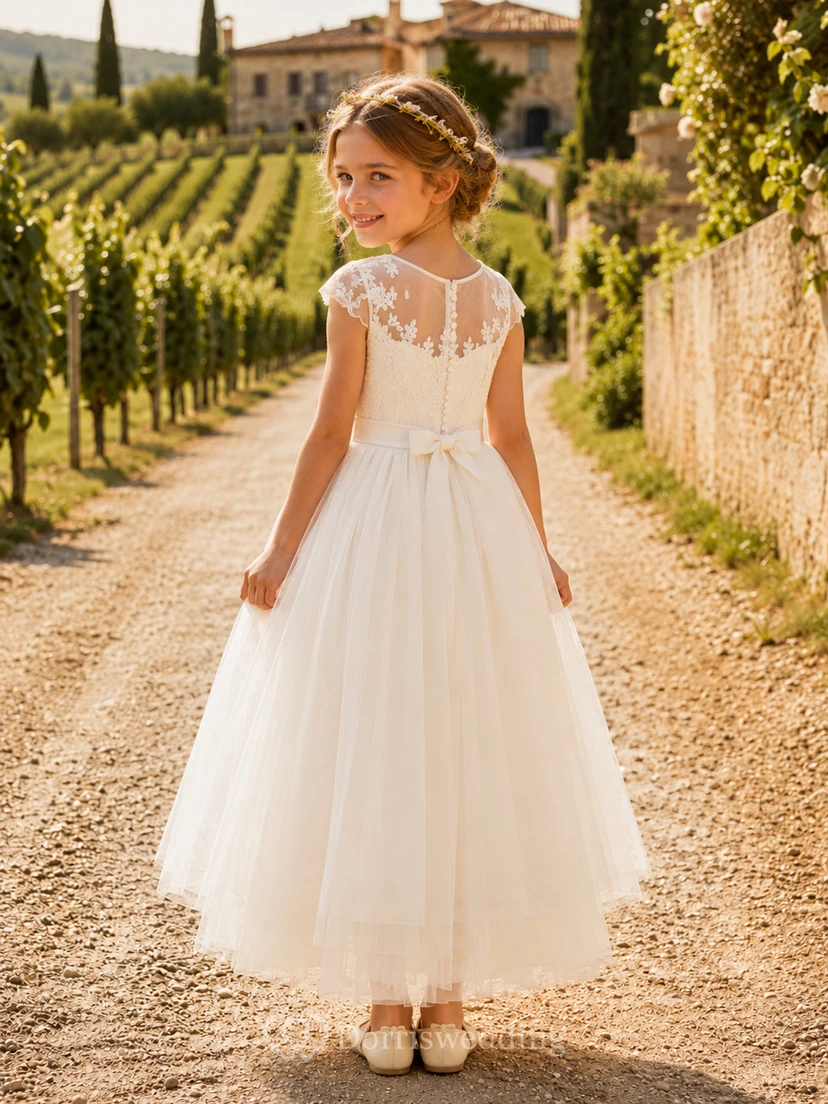Elegante y modesto vestido de niña de las flores, cuello alto, manga corta, encaje, tul, largo hasta la rodilla, lazo de cinta en la parte trasera. view 2