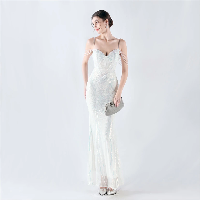Waist-Reduced Fishbone Shaping Positioning Flower Sequined Anchor Sexy Beaded Suspender Evening Dress view 45