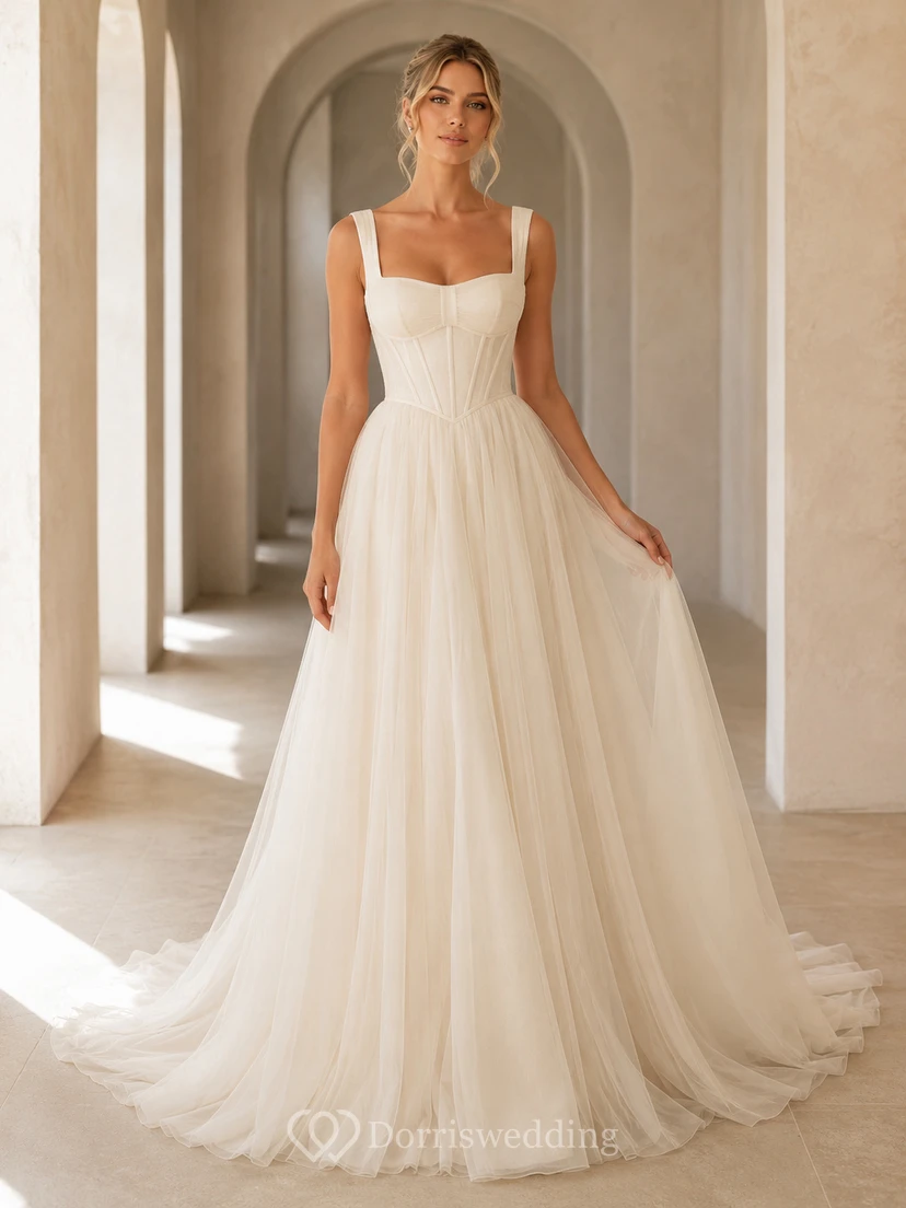 Robe de mariée champagne à col carré sans manches corset en tulle trapèze