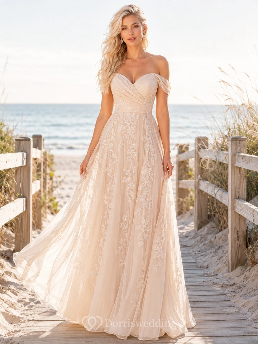 Vestido de novia romántico de corte A con encaje y tul, escote corazón.
