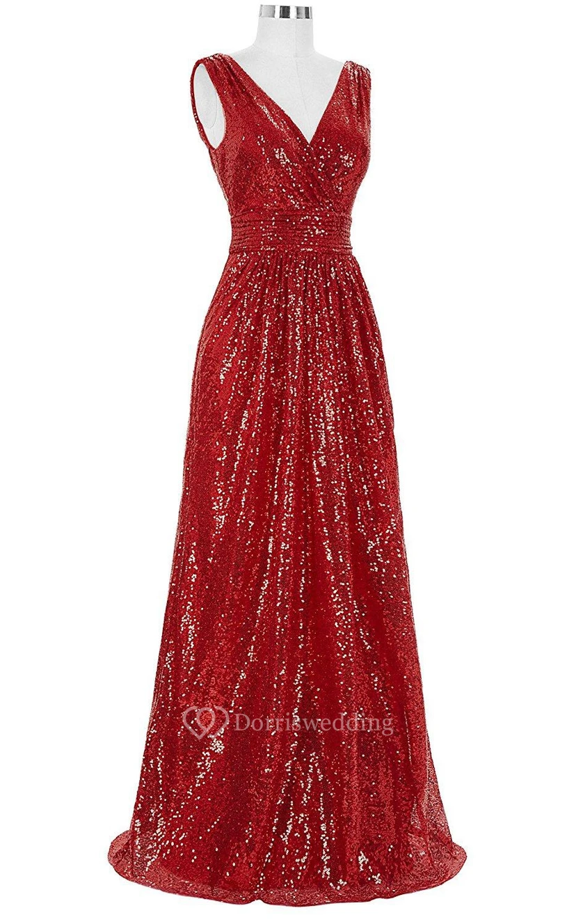 Stunning Sleeveless V-neck Sequined Floor-length Dress view 3
