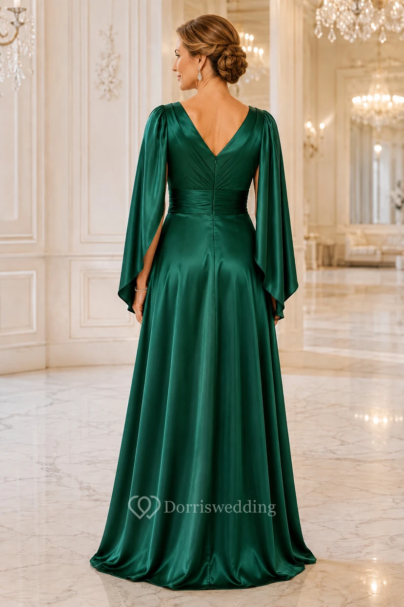 MOB-Kleid, dunkelgrün, Satin, A-Linie, Cape-Ärmel, V-Ausschnitt, bodenlang, Cape-Ärmel-Detail view 2