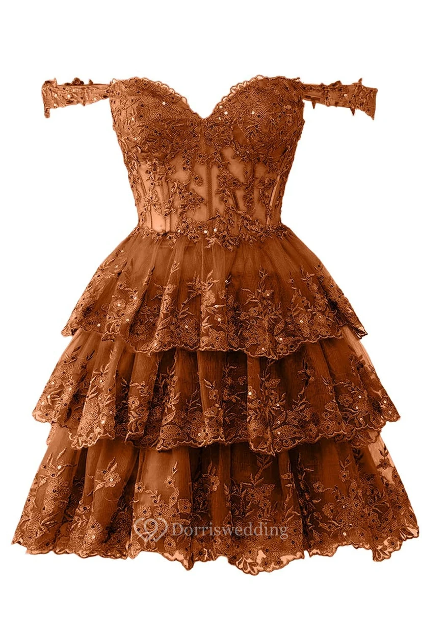 Blue Off-the-Shoulder Short Dress with Lace view 44