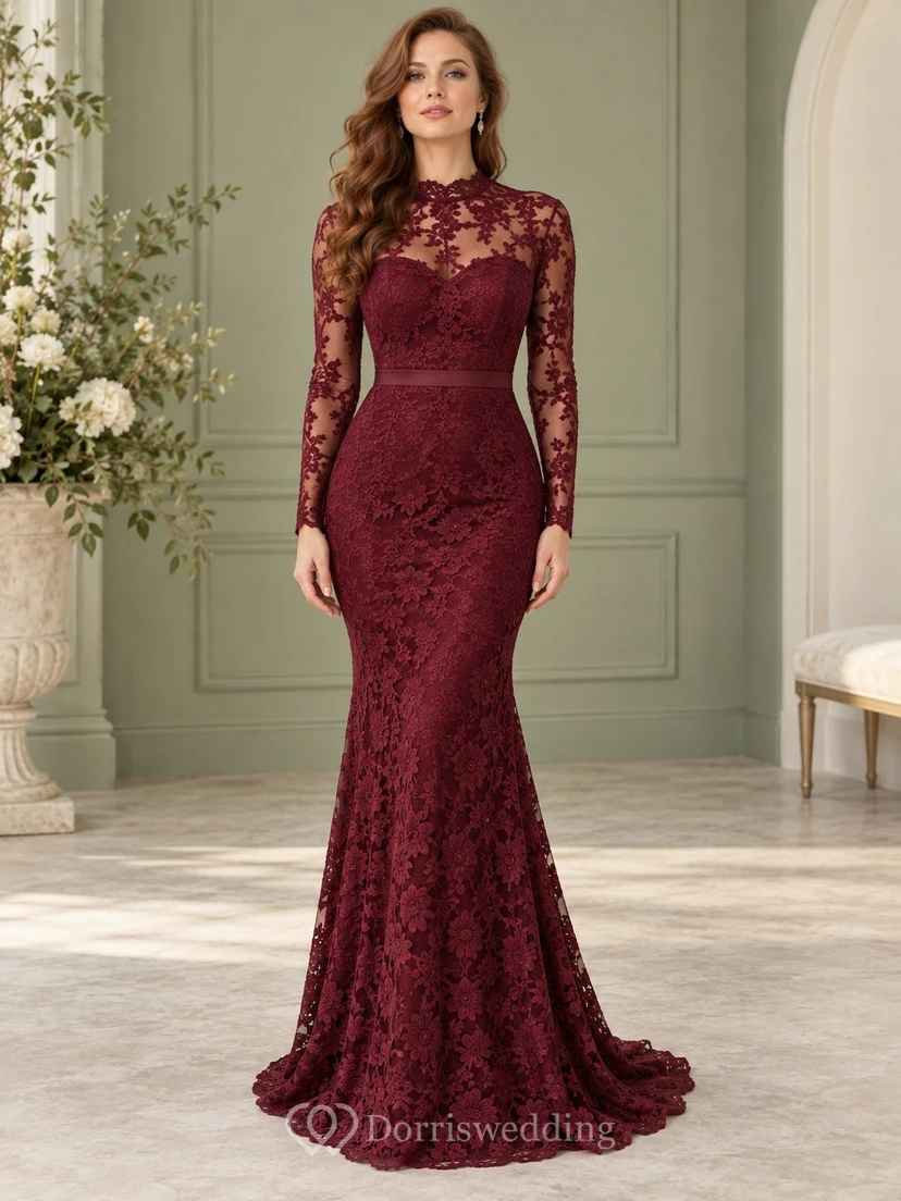 Vestido de noche formal de encaje burdeos, largo hasta el suelo, cuello alto, manga larga, corte sirena