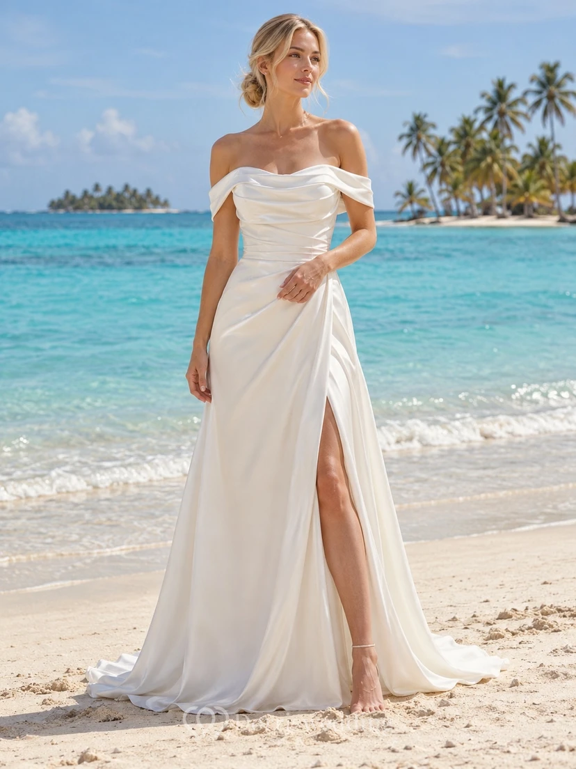 Schulterfreies Brautkleid aus Satin mit drapiertem Oberteil und gewickeltem A-Linien-Rock mit Schlitz