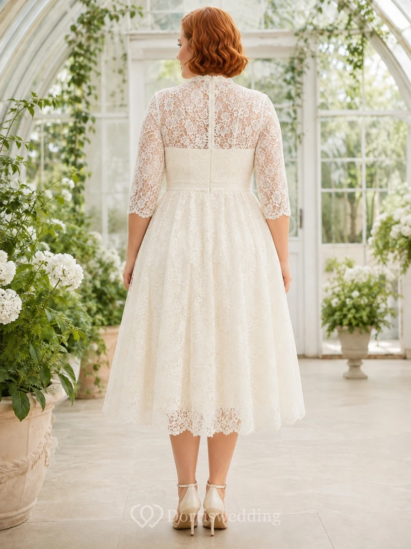 Romantic Elegant Square 3/4-Sleeve Lace A-Line Tea-Length Wedding Dress view 2